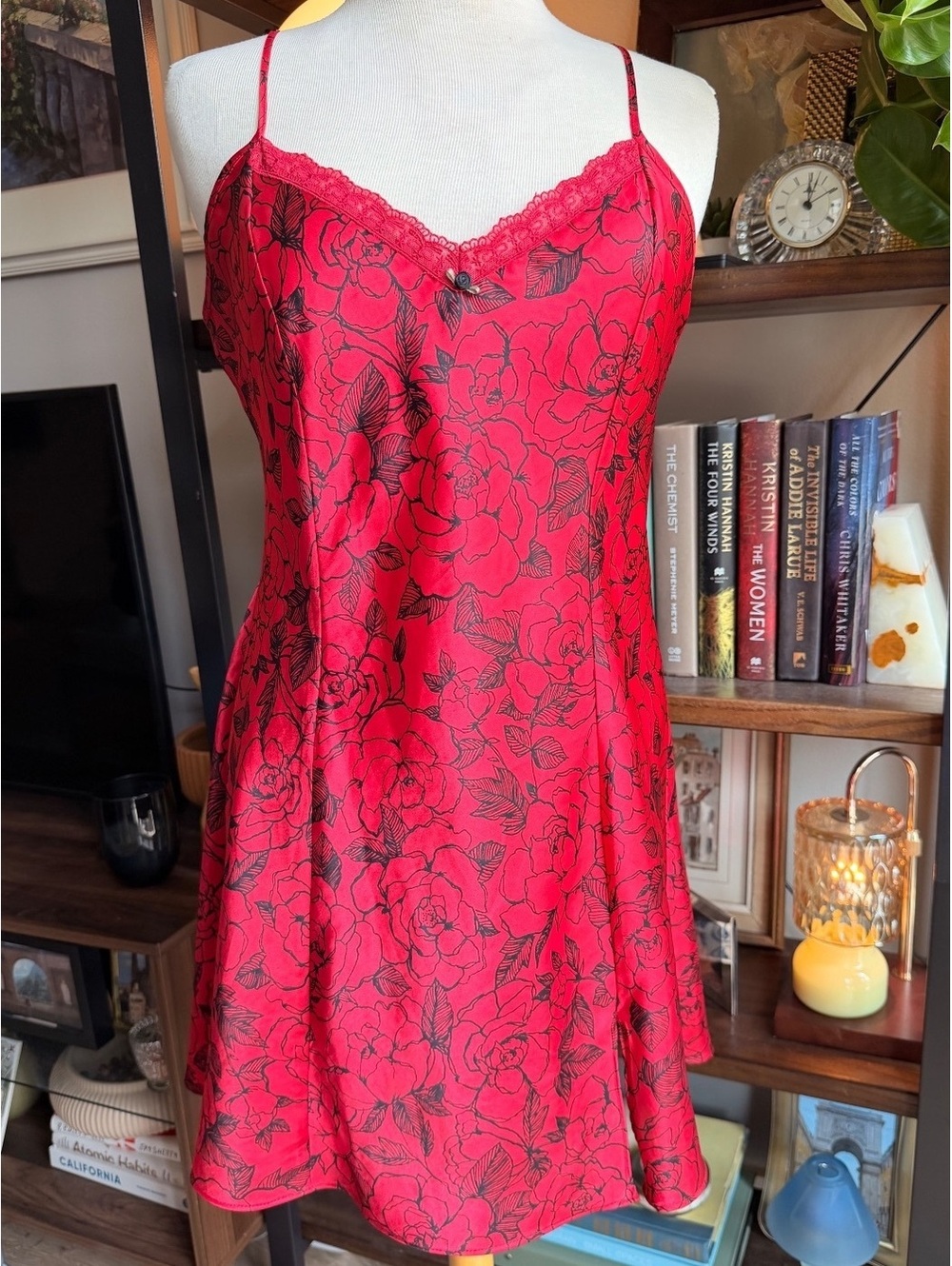 Y2K Red Floral Lace Trim Slip Dress with Adjustable Straps